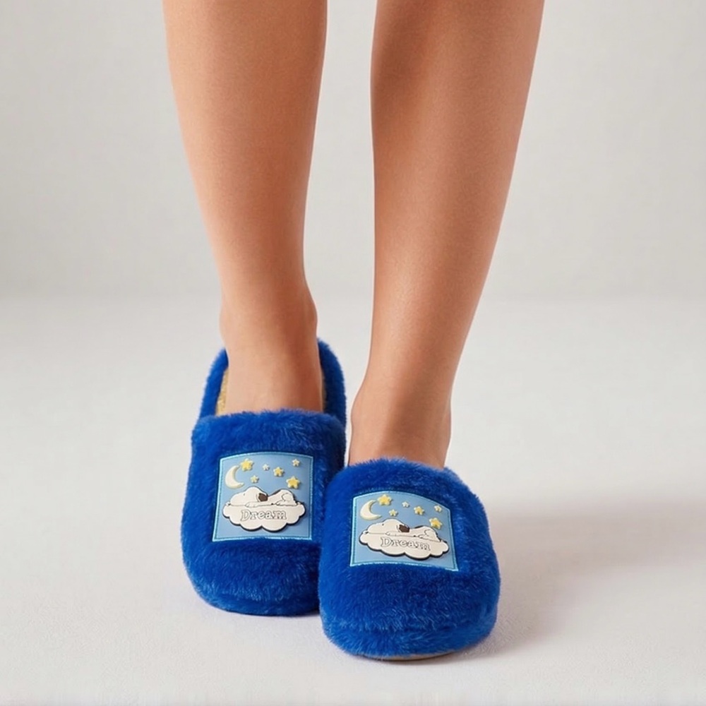 Peanuts Blue Fuzzy Slip-On Slippers with Snoopy Dream Patch